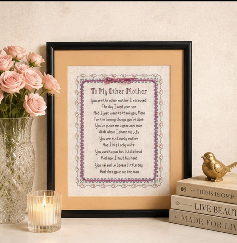 Vintage Cross Stitch Framed Art Poem "To My Other Mother Mother" In Law Gift